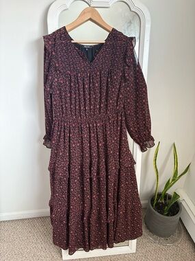 Madewell Floral Tiered Long Sleeve Dress - Dark Red